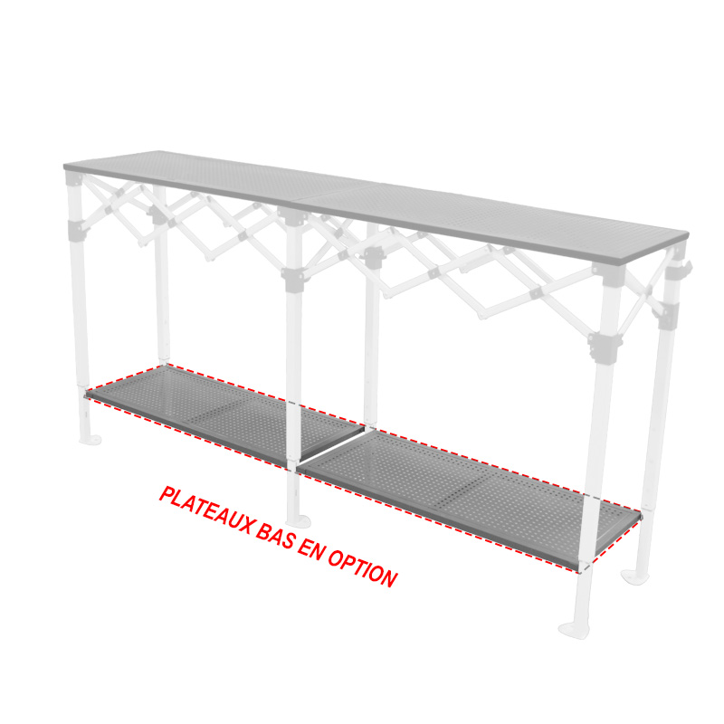 Table Comptoir Pliant Plateau Acier 4m X 40cm avec Jupe Blanche