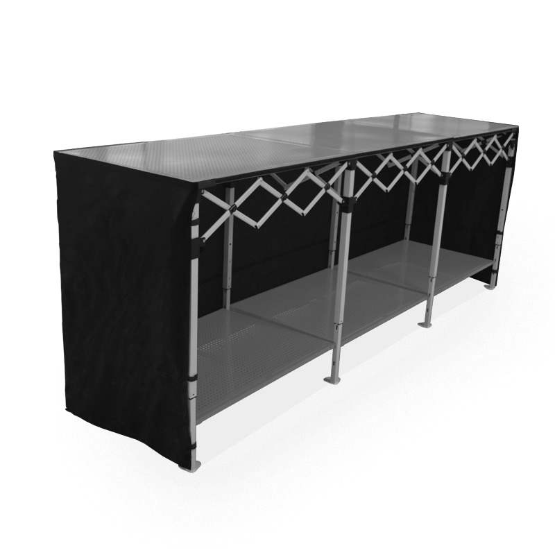 Table Comptoir Pliant Plateau Acier 4m X 40cm avec Jupe Blanche